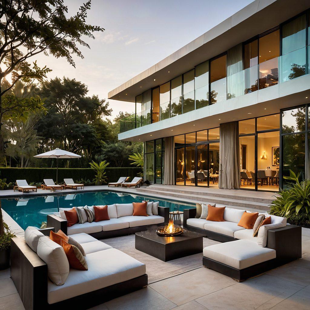 An elegant and luxurious scene depicting a modern, upscale social club, featuring diverse members engaging in conversations, surrounded by lush greenery and refined architecture. Include elements of premium amenities like a swimming pool, lounge areas, and exquisite decor. The atmosphere should convey exclusivity and sophistication, with a warm golden-hour sunlight bathing the scene. super-realistic. vibrant colors. high-end aesthetic.