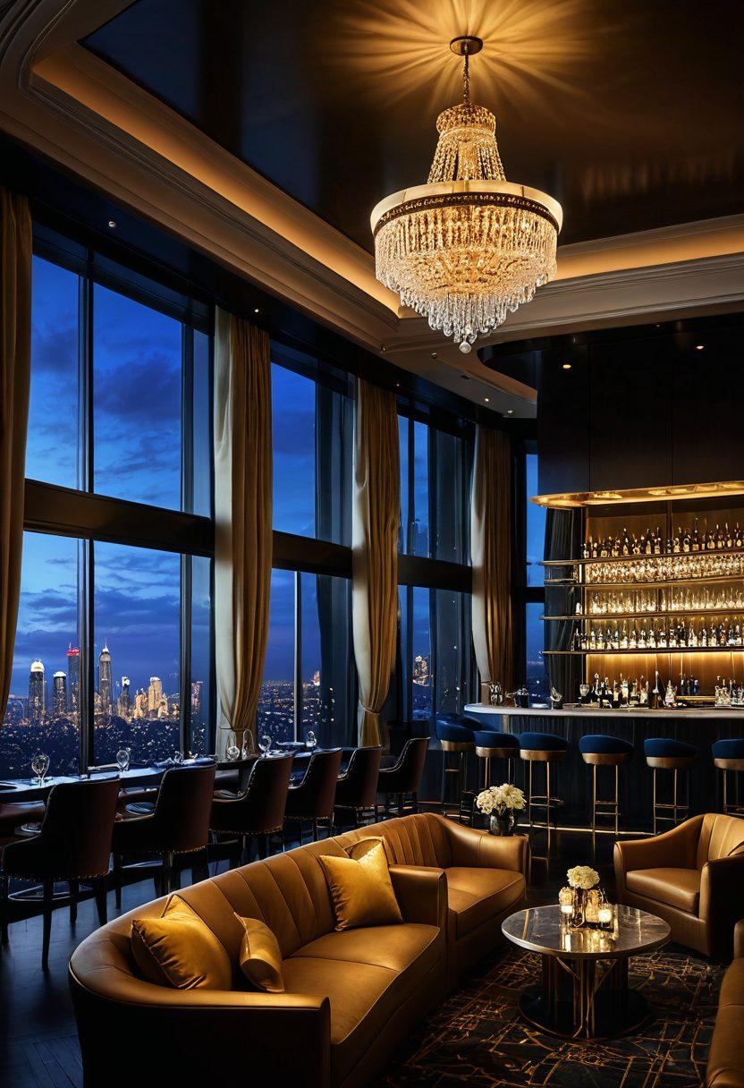 A lavish interior of an elite club, showcasing luxury seating, golden chandeliers, and a bar stocked with premium drinks. Shadows of elegantly dressed patrons enjoying themselves under soft ambient lighting, with a hint of exclusivity and sophistication. A backdrop of a city skyline visible through large windows to enhance the posh atmosphere. super-realistic. vibrant colors. 3D.